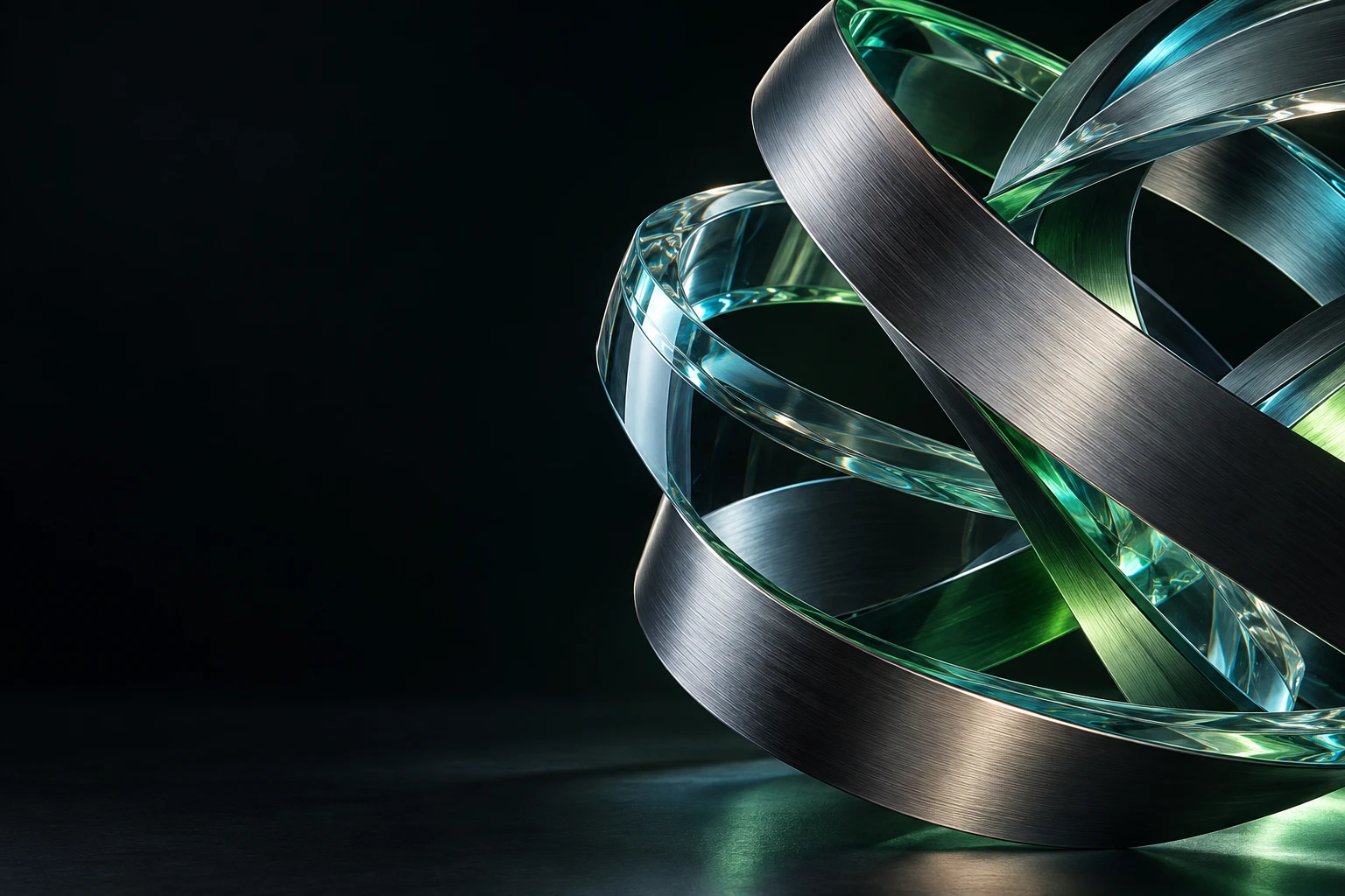 Interlocking glass and graphite forms illuminated in green and cyan, representing connected digital systems